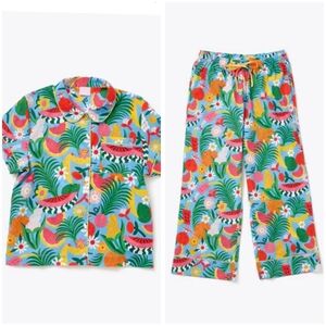 Ban.do Leisure Short Sleeve Shirt Pant Pajama Set Blue Tutti Frutti Medium
